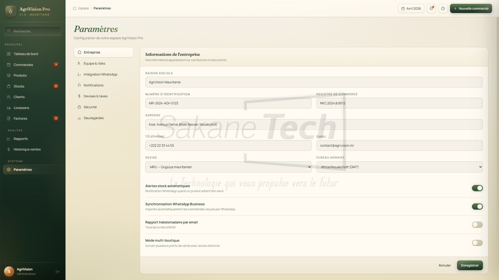 Logiciel AgriVision Pro — Gestion commerciale agroalimentaire avec IA - Licence à vie — Sakane Tech · Sakane Tech