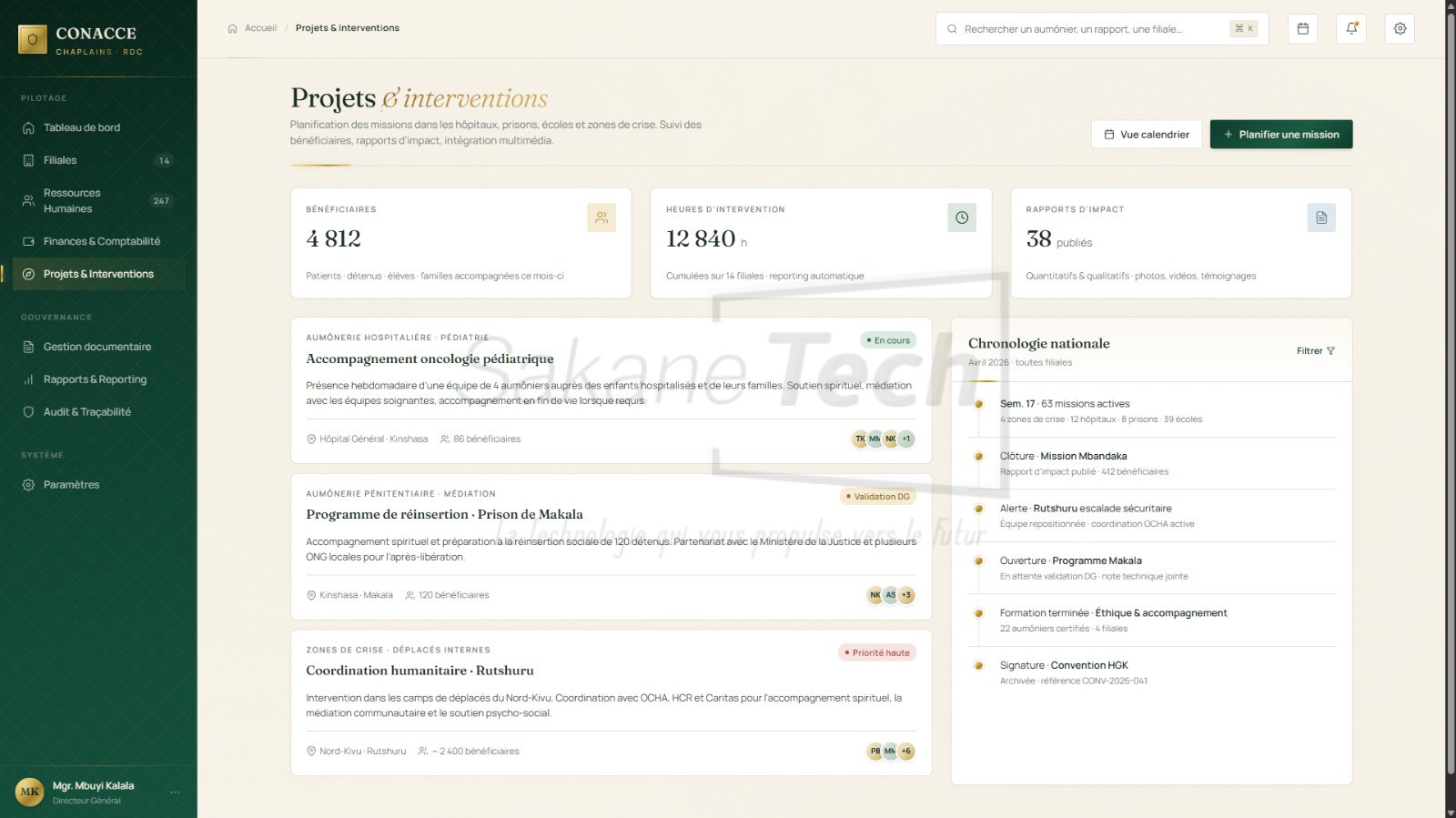 Logiciel CONACCE — Coordination d'aumônerie & chapelains avec IA - Licence à vie — Sakane Tech · Sakane Tech