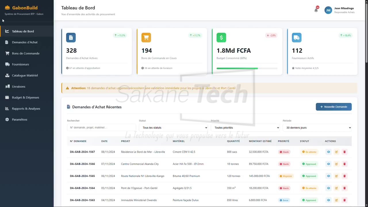 Logiciel Gabon Build — Système de procurement BTP avec IA - Licence à vie — Sakane Tech · Sakane Tech