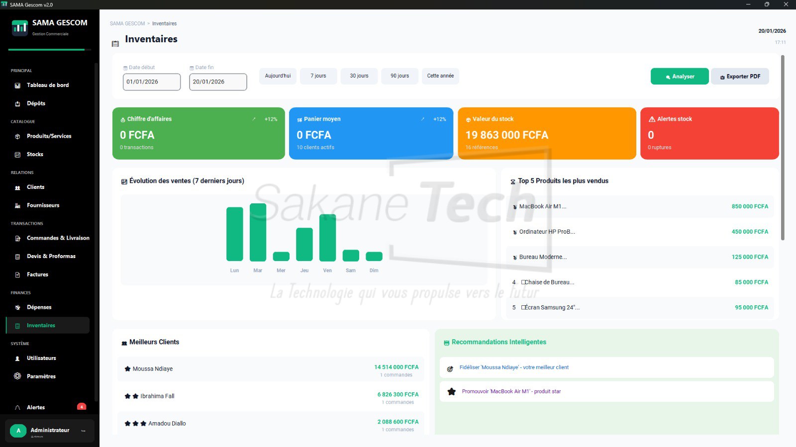 Logiciel SAMA GESCOM Version Locale avec IA Licence à vie — Sakane Tech · Sakane Tech
