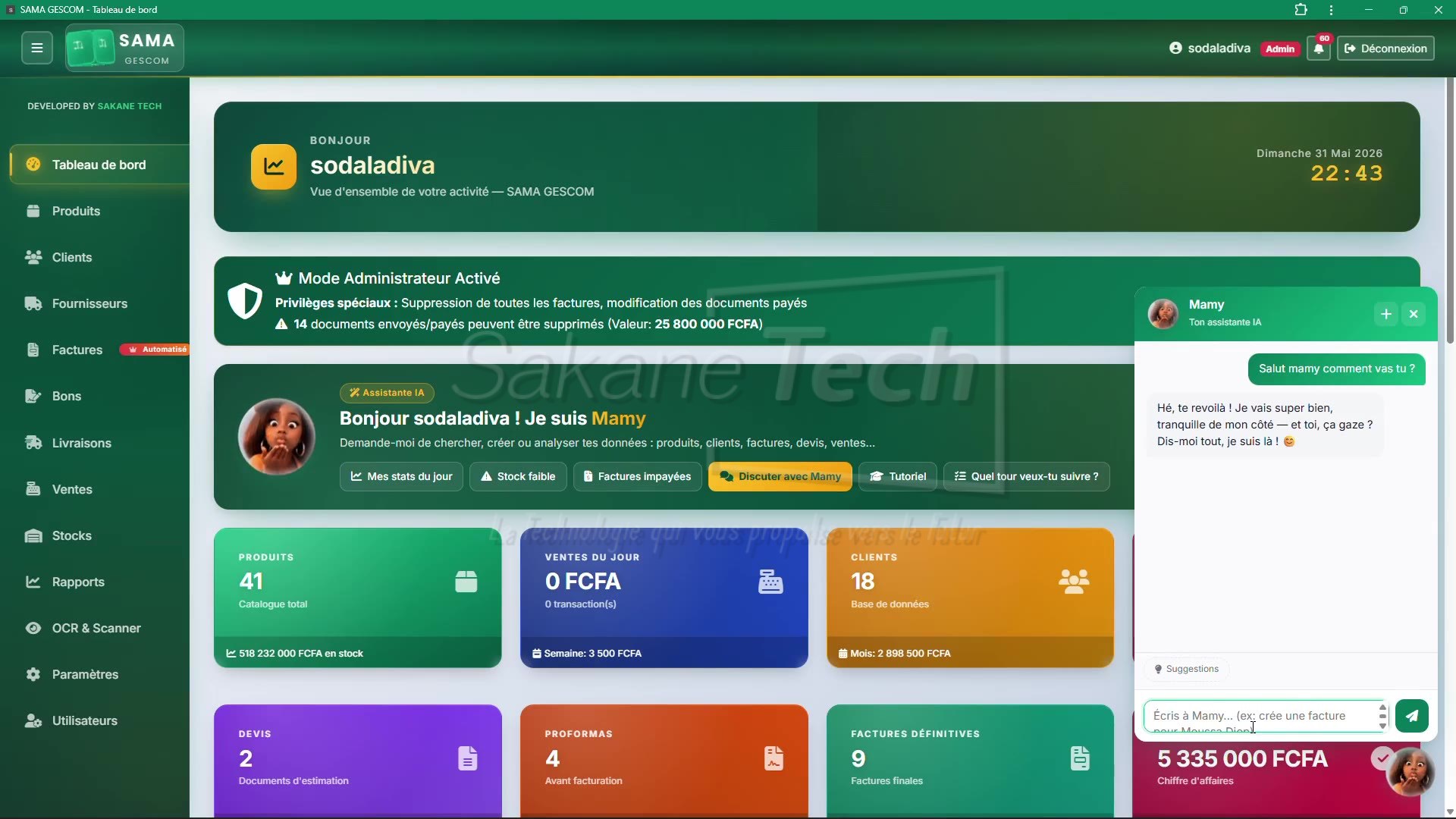 Logiciel SAMA GESCOM — Version En Ligne (CRM temps réel) avec IA - Licence à vie — Sakane Tech · Sakane Tech