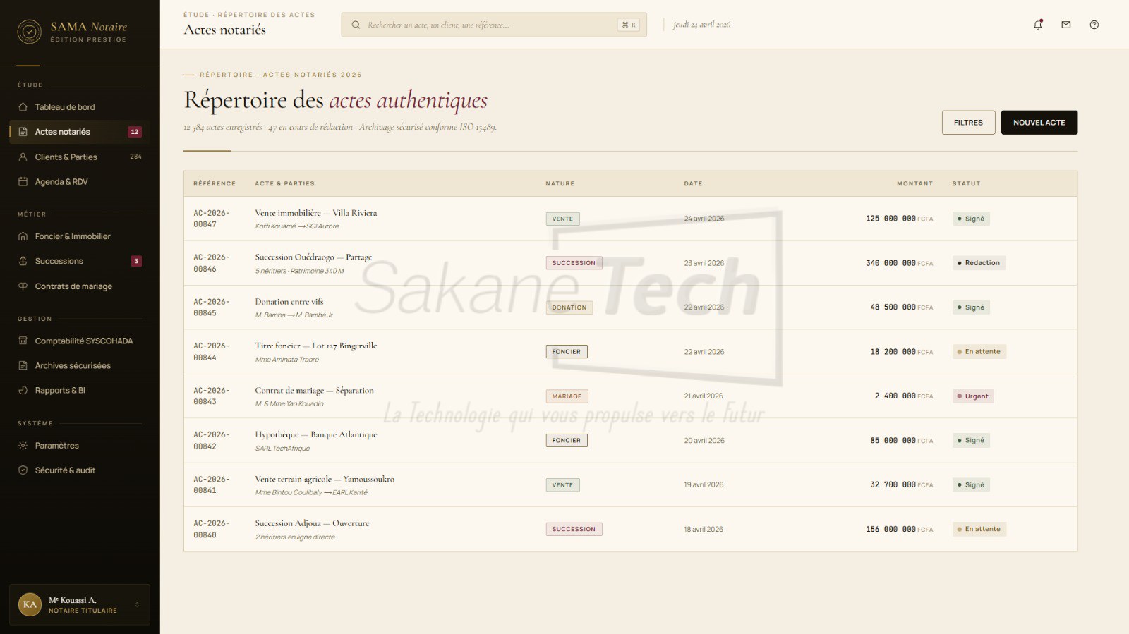 Logiciel SAMA Notaire — Gestion d'étude notariale avec IA - Licence à vie — Sakane Tech · Sakane Tech