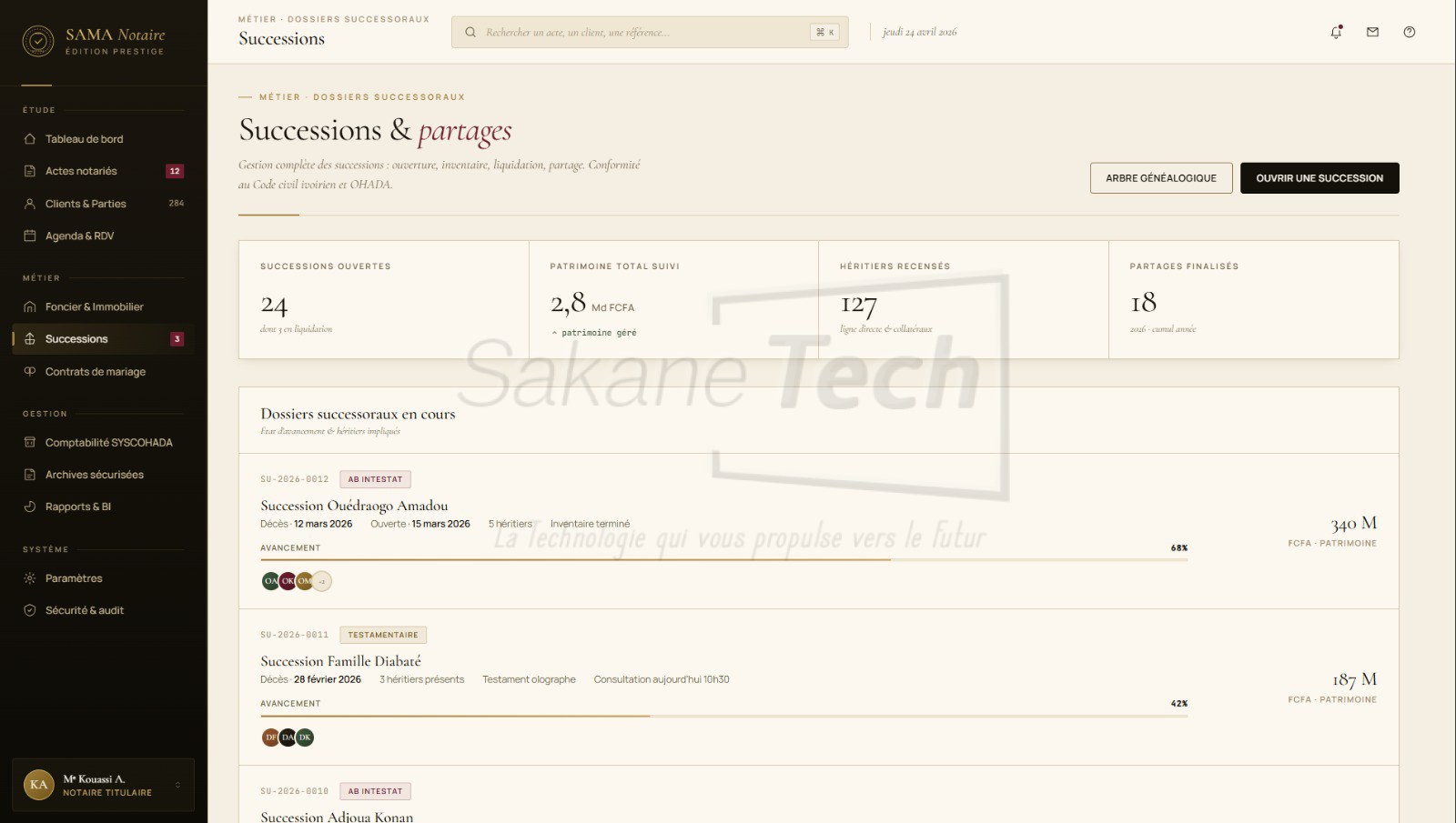 Logiciel SAMA Notaire — Gestion d'étude notariale avec IA - Licence à vie — Sakane Tech · Sakane Tech